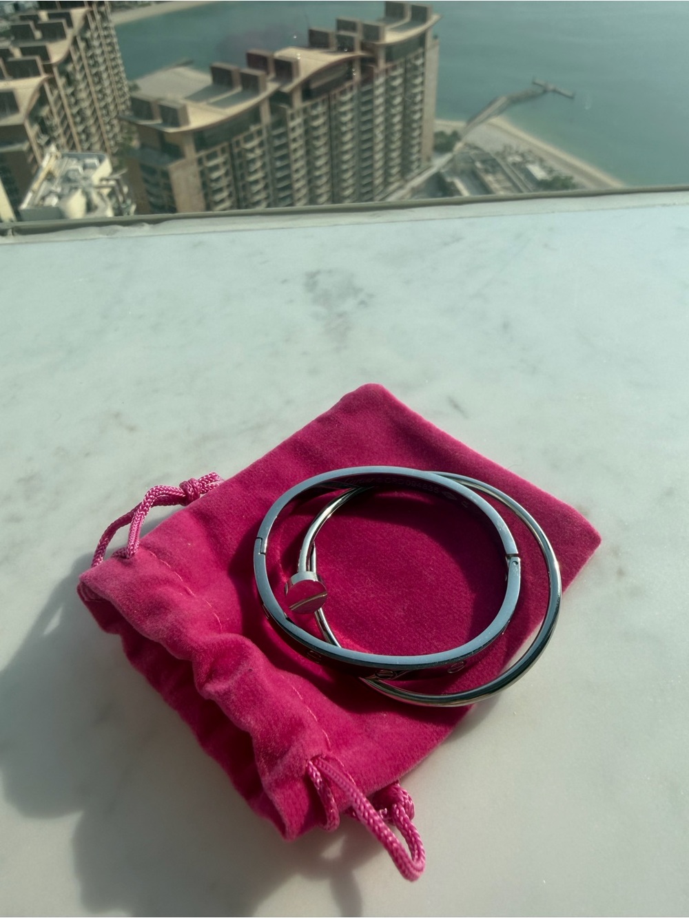 Silver Heart Accent Bangle Set in Pink Pouch - Women Accessories